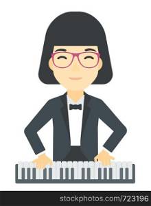 An asian musician playing piano vector flat design illustration isolated on white background.. Woman playing piano.
