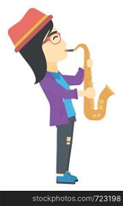 An asian musician playing saxophone vector flat design illustration isolated on white background.. Woman playing saxophone.