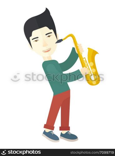 An asian musician playing saxophone vector flat design illustration isolated on white background. Vertical layout.. Saxophonist.