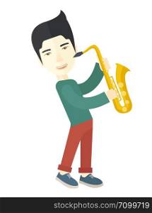 An asian musician playing saxophone vector flat design illustration isolated on white background. Vertical layout.. Saxophonist.