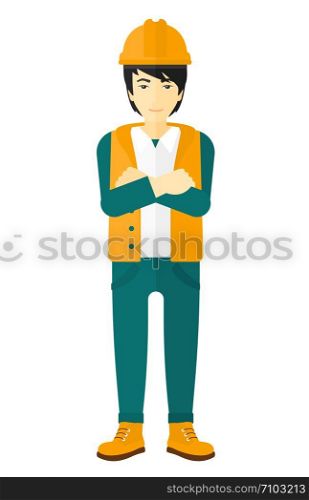 An asian oil worker in helmet standing with crossed arms vector flat design illustration isolated on white background. . Cnfident oil worker.
