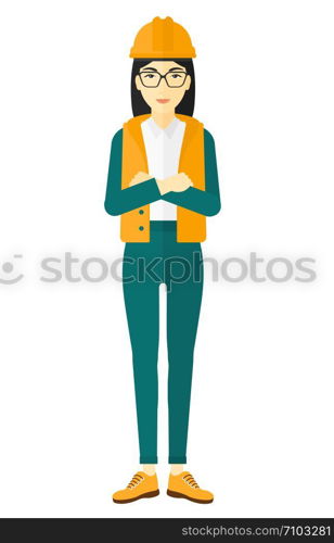 An asian oil worker in helmet standing with crossed arms vector flat design illustration isolated on white background. . Cnfident oil worker.