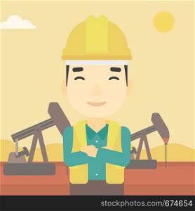 An asian oil worker in uniform and helmet. An oil worker with crossed arms. An oil worker standing on a background of pump jack. Vector flat design illustration. Square layout.. Cnfident oil worker vector illustration.