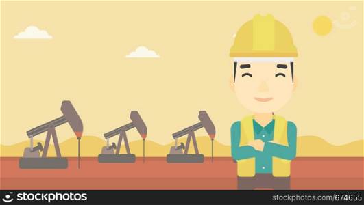 An asian oil worker in uniform and helmet. An oil worker with crossed arms. An oil worker standing on a background of pump jack. Vector flat design illustration. Horizontal layout.. Cnfident oil worker vector illustration.