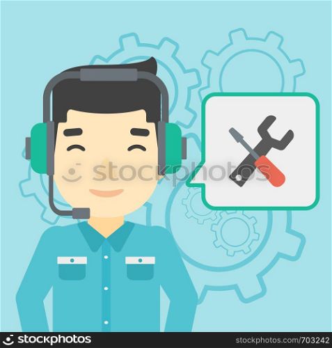 An asian operator of technical support wearing headphone set. Technical support operator and speech square with screwdriver and wrench. Vector flat design illustration. Square layout.. Technical support operator vector illustration.