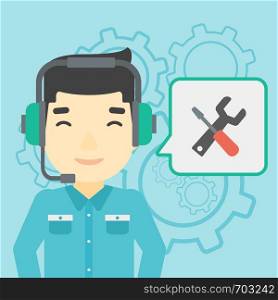 An asian operator of technical support wearing headphone set. Technical support operator and speech square with screwdriver and wrench. Vector flat design illustration. Square layout.. Technical support operator vector illustration.