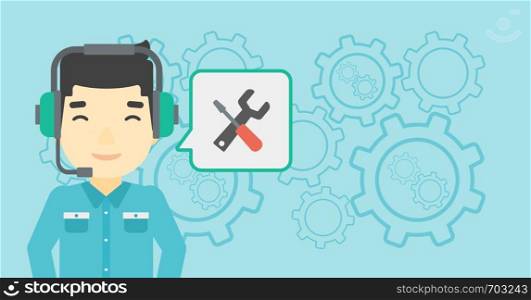 An asian operator of technical support wearing headphone set. Technical support operator and speech square with screwdriver and wrench. Vector flat design illustration. Horizontal layout.. Technical support operator vector illustration.