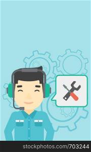 An asian operator of technical support wearing headphone set. Technical support operator and speech square with screwdriver and wrench. Vector flat design illustration. Vertical layout.. Technical support operator vector illustration.