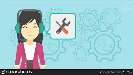 An asian operator of technical support wearing headphone set. Technical support operator and speech square with screwdriver and wrench. Vector flat design illustration. Horizontal layout.. Technical support operator vector illustration.