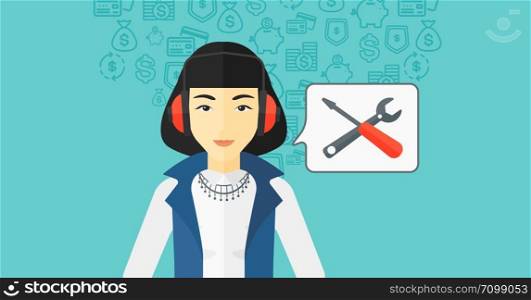An asian operator of technical support with headphone set and speech square on a blue background with business icons vector flat design illustration. Horizontal layout.. Operator of technical support.