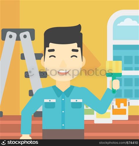 An asian painter holding a paint brush. Painter painting walls with paint brush at home. House renovation concept. Vector flat design illustration. Square layout.. Painter with paint brush.