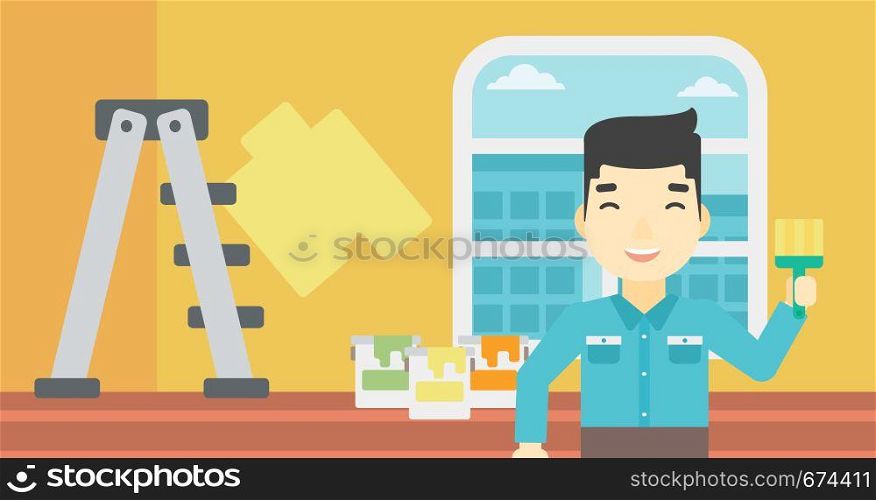 An asian painter holding a paint brush. Painter painting walls with paint brush at home. House renovation concept. Vector flat design illustration. Horizontal layout.. Painter with paint brush.