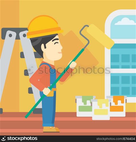 An asian painter in overalls with a paint roller in hands. Painter painting walls with a paint roller in an apartment. Vector flat design illustration. Square layout.. Painter with paint roller.