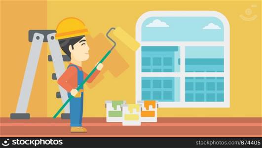 An asian painter in overalls with a paint roller in hands. Painter painting walls with a paint roller in an apartment. Vector flat design illustration. Horizontal layout.. Painter with paint roller.