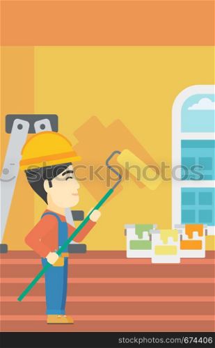 An asian painter in overalls with a paint roller in hands. Painter painting walls with a paint roller in an apartment. Vector flat design illustration. Vertical layout.. Painter with paint roller.