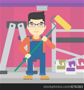 An asian painter in uniform with a paint roller in hands. Painter at work in an apartment with paint cans and ladder. Vector flat design illustration. Square layout.. Painter with paint roller.