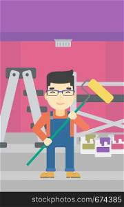 An asian painter in uniform with a paint roller in hands. Painter at work in an apartment with paint cans and ladder. Vector flat design illustration. Vertical layout.. Painter with paint roller.
