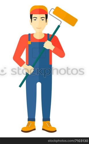 An asian painter standing with a paint roller vector flat design illustration isolated on white background. . Painter with paint roller.