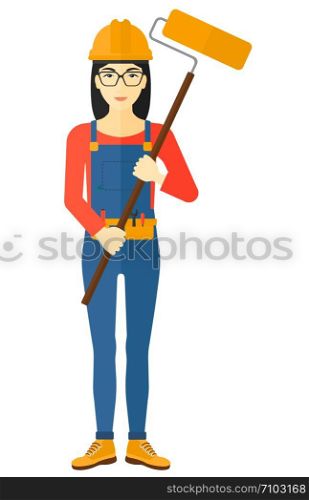 An asian painter standing with a paint roller vector flat design illustration isolated on white background. . Painter with paint roller.