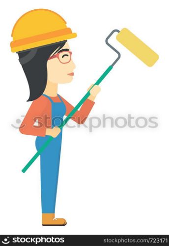 An asian painter standing with a paint roller vector flat design illustration isolated on white background.. Painter with paint roller.
