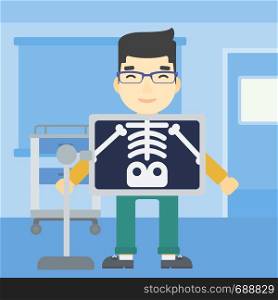 An asian patient during chest x ray procedure in examination room. Young man with x ray screen showing his skeleton at doctor office. Vector flat design illustration. Square layout.. Patient during x ray procedure vector illustration