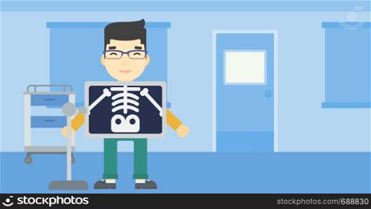 An asian patient during chest x ray procedure in examination room. Young man with x ray screen showing his skeleton at doctor office. Vector flat design illustration. Horizontal layout.. Patient during x ray procedure vector illustration