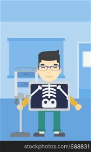 An asian patient during chest x ray procedure in examination room. Young man with x ray screen showing his skeleton at doctor office. Vector flat design illustration. Vertical layout.. Patient during x ray procedure vector illustration