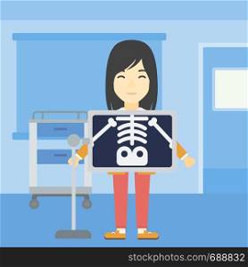 An asian patient during chest x ray procedure in examination room. Young woman with x ray screen showing his skeleton at doctor office. Vector flat design illustration. Square layout.. Patient during x ray procedure vector illustration
