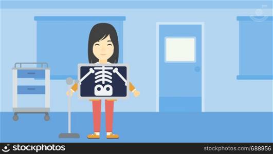 An asian patient during chest x ray procedure in examination room. Young woman with x ray screen showing his skeleton at doctor office. Vector flat design illustration. Horizontal layout.. Patient during x ray procedure vector illustration
