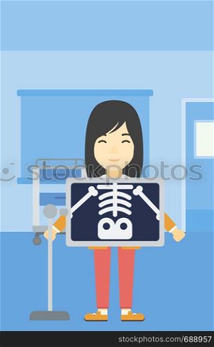 An asian patient during chest x ray procedure in examination room. Young woman with x ray screen showing his skeleton at doctor office. Vector flat design illustration. Vertical layout.. Patient during x ray procedure vector illustration
