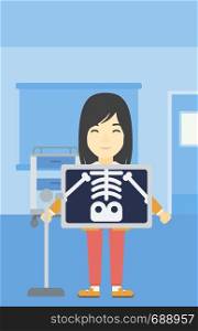 An asian patient during chest x ray procedure in examination room. Young woman with x ray screen showing his skeleton at doctor office. Vector flat design illustration. Vertical layout.. Patient during x ray procedure vector illustration