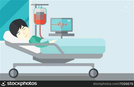 An asian patient lying in hospital bed with heart rate monitor and drop counetr isolated on white background. Horizontal layout with a text space.. Patient lying in bed.