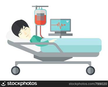 An asian patient lying in hospital bed with heart rate monitor and drop counetr isolated on white background. Horizontal layout.. Patient lying in bed.