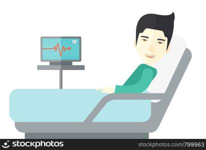 An asian patient lying in hospital bed with heart rate monitor isolated on white background. Horizontal layout.. Patient lying in bed.