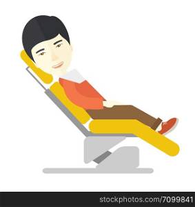 An asian patient sitting in the dental chair vector flat design illustration isolated on white background. Square layout.. Patient in dental chair.