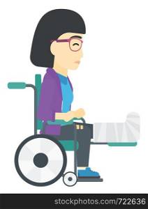 An asian patient with broken leg sitting in wheelchair vector flat design illustration isolated on white background. . Patient sitting in wheelchair.