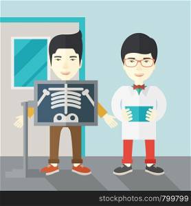 An asian patient with x-ray screen showing his skeleton and doctor holding a radiograph vector flat design illustration. Square layout.. X-rays.