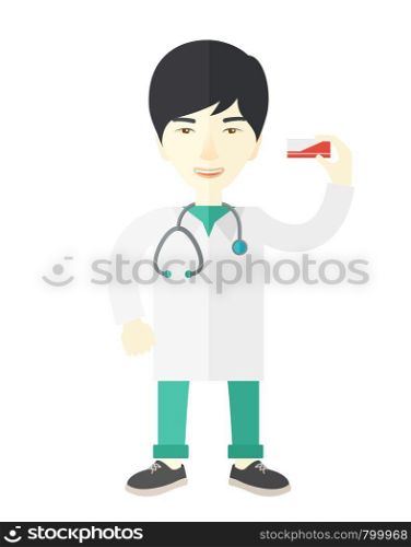 An asian pharmacist standing vector flat design illustration isolated on white background. Vertical layout.. Pharmacist.