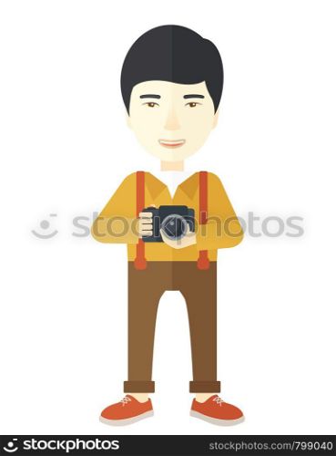 An asian photographer holding a camera vector flat design illustration isolated on white background. Vertical layout.. Photographer.