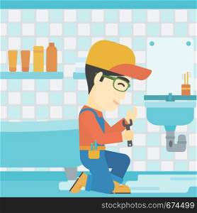 An asian plumber sitting in a bathroom and repairing sink pipe. Plumber with wrench repairing a broken sink in bathroom. Vector flat design illustration. Square layout.. Man repairing sink.