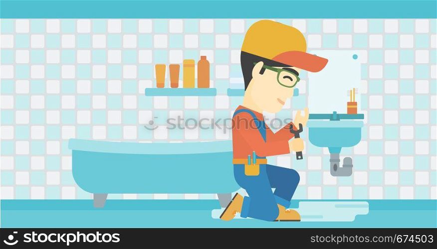 An asian plumber sitting in a bathroom and repairing sink pipe. Plumber with wrench repairing a broken sink in bathroom. Vector flat design illustration. Horizontal layout.. Man repairing sink.
