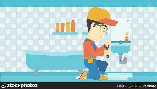 An asian plumber sitting in a bathroom and repairing sink pipe. Plumber with wrench repairing a broken sink in bathroom. Vector flat design illustration. Horizontal layout.. Man repairing sink.