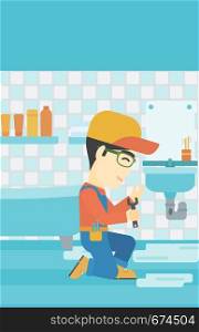 An asian plumber sitting in a bathroom and repairing sink pipe. Plumber with wrench repairing a broken sink in bathroom. Vector flat design illustration. Vertical layout.. Man repairing sink.