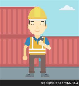 An asian port worker talking on wireless radio. Port worker standing on cargo containers background. Man using wireless radio. Vector flat design illustration. Square layout.. Port worker talking on wireless radio.