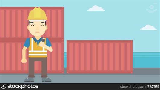An asian port worker talking on wireless radio. Port worker standing on cargo containers background. Man using wireless radio. Vector flat design illustration. Horizontal layout.. Port worker talking on wireless radio.