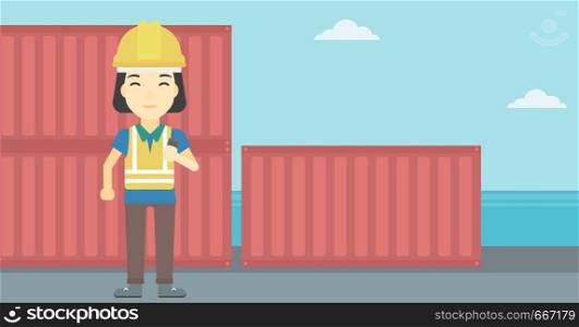 An asian port worker talking on wireless radio. Port worker standing on cargo containers background. Woman using wireless radio. Vector flat design illustration. Horizontal layout.. Port worker talking on wireless radio.