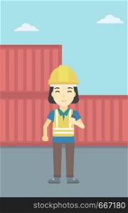 An asian port worker talking on wireless radio. Port worker standing on cargo containers background. Woman using wireless radio. Vector flat design illustration. Vertical layout.. Port worker talking on wireless radio.