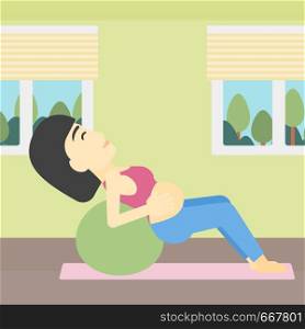An asian pregnant woman doing exercises with ball indoor. Young pregnant woman doing exercises lying on fitball. Vector flat design illustration. Square layout.. Pregnant woman on gymnastic ball.