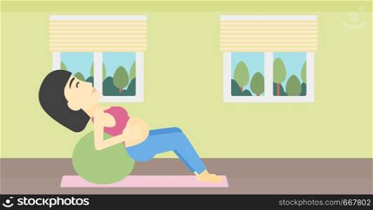 An asian pregnant woman doing exercises with ball indoor. Young pregnant woman doing exercises lying on fitball. Vector flat design illustration. Horizontal layout.. Pregnant woman on gymnastic ball.