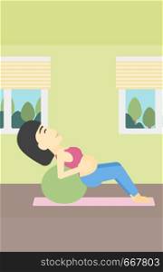 An asian pregnant woman doing exercises with ball indoor. Young pregnant woman doing exercises lying on fitball. Vector flat design illustration. Vertical layout.. Pregnant woman on gymnastic ball.